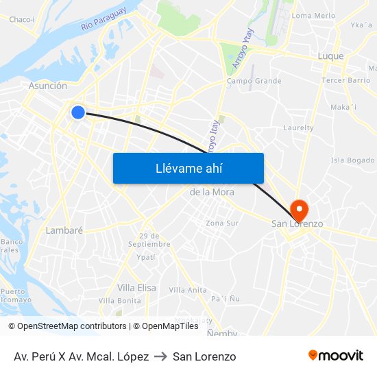 Av. Perú X Av. Mcal. López to San Lorenzo map