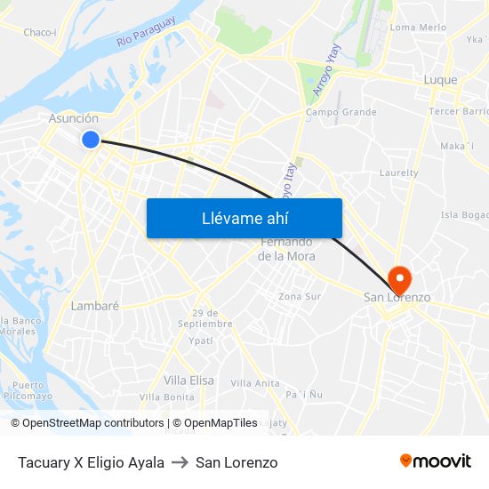 Tacuary X Eligio Ayala to San Lorenzo map