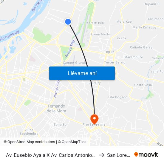 Av. Eusebio Ayala X Av. Carlos Antonio López to San Lorenzo map