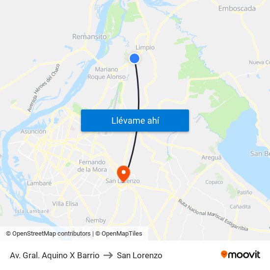 Av. Gral. Aquino X Barrio to San Lorenzo map