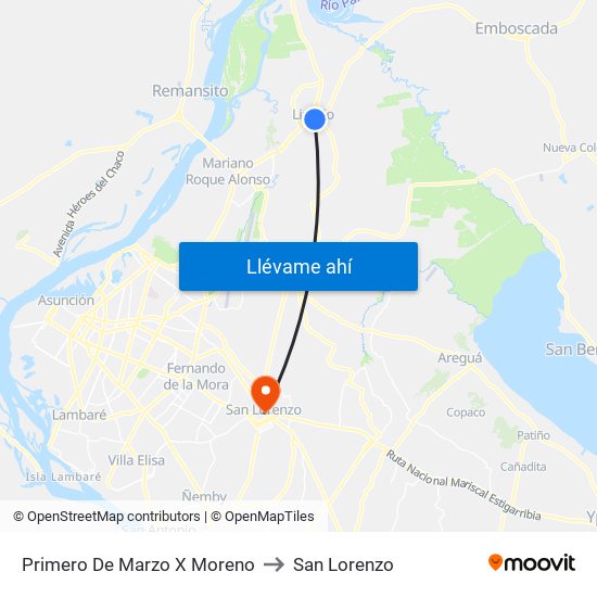 Primero De Marzo X Moreno to San Lorenzo map