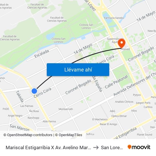 Mariscal Estigarribia X Av. Avelino Martínez to San Lorenzo map