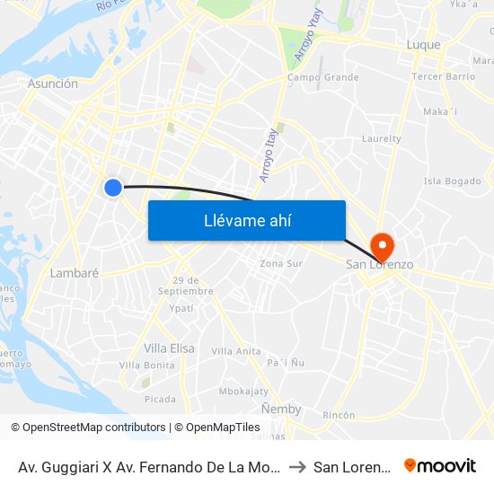 Av. Guggiari X Av. Fernando De La Mora to San Lorenzo map