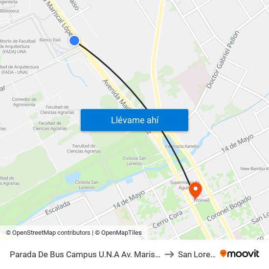 Parada De Bus Campus U.N.A Av. Mariscal López to San Lorenzo map