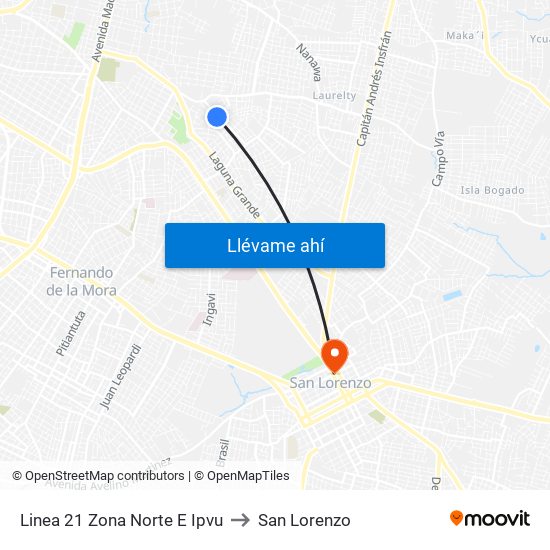 Linea 21 Zona Norte E Ipvu to San Lorenzo map
