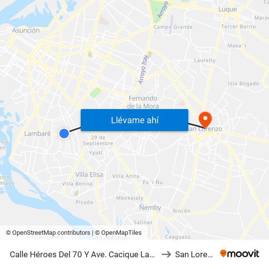 Calle Héroes Del 70 Y Ave. Cacique Lambaré to San Lorenzo map