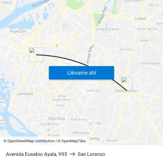 Avenida Eusebio Ayala, 995 to San Lorenzo map