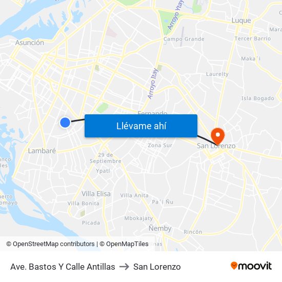 Ave. Bastos Y Calle Antillas to San Lorenzo map