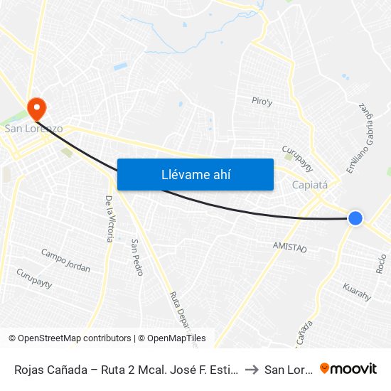 Rojas Cañada – Ruta 2 Mcal. José F. Estigarribia Km. 21 to San Lorenzo map