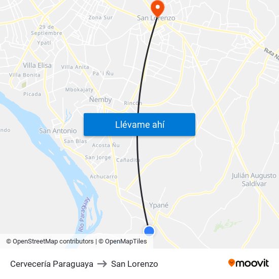 Cervecería Paraguaya to San Lorenzo map