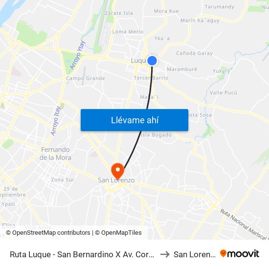 Ruta Luque - San Bernardino X Av. Corrales to San Lorenzo map