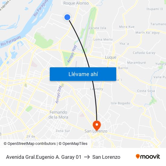 Avenida Gral.Eugenio A. Garay 01 to San Lorenzo map