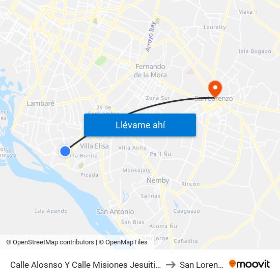 Calle Alosnso Y Calle Misiones Jesuiticas to San Lorenzo map