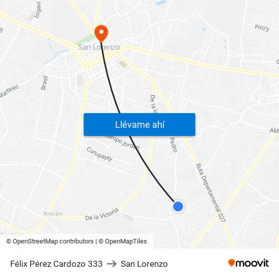 Félix Pérez Cardozo 333 to San Lorenzo map