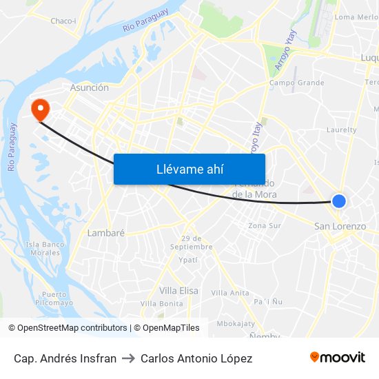 Cap. Andrés Insfran to Carlos Antonio López map