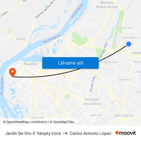 Jardín De Oro X Yatayty Cora to Carlos Antonio López map