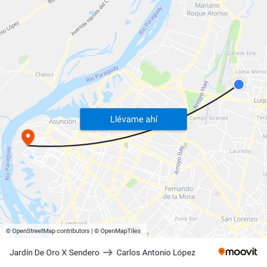 Jardín De Oro X Sendero to Carlos Antonio López map