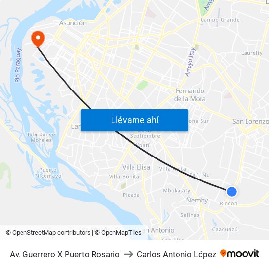 Av. Guerrero X Puerto Rosario to Carlos Antonio López map