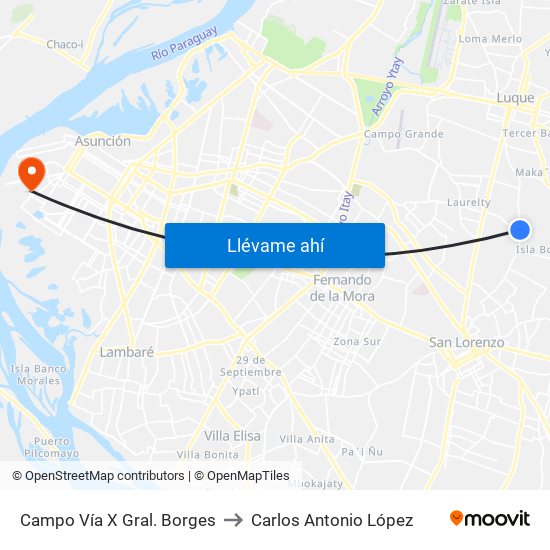 Campo Vía X Gral. Borges to Carlos Antonio López map