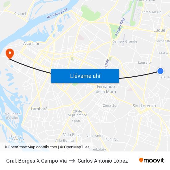 Gral. Borges X Campo Vía to Carlos Antonio López map