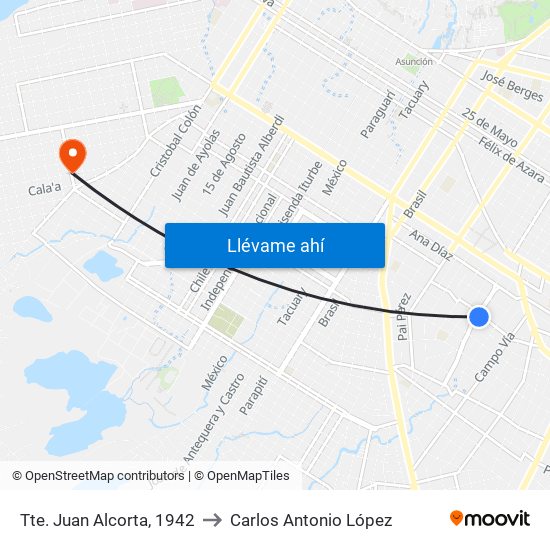 Tte. Juan Alcorta, 1942 to Carlos Antonio López map