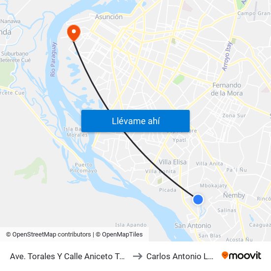 Ave. Torales Y Calle Aniceto Torales to Carlos Antonio López map