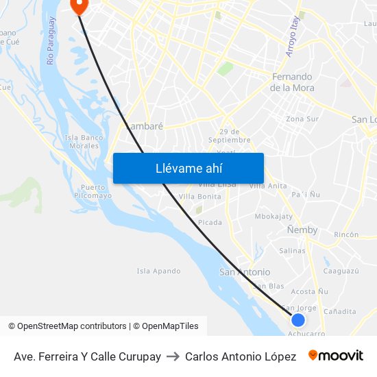 Ave. Ferreira Y Calle Curupay to Carlos Antonio López map