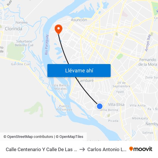 Calle Centenario Y Calle De Las Llamas to Carlos Antonio López map