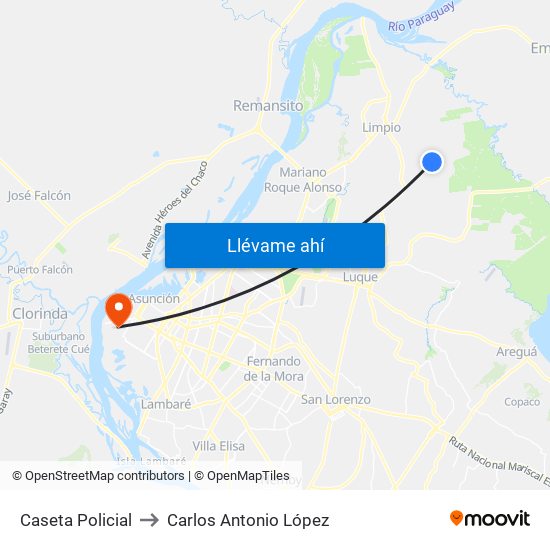 Caseta Policial to Carlos Antonio López map