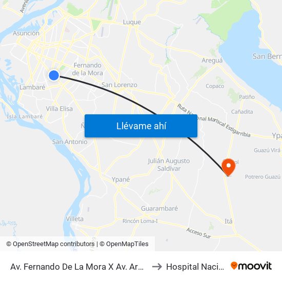 Av. Fernando De La Mora X Av. Argentina to Hospital Nacional map