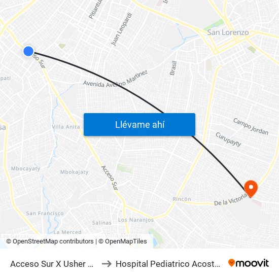 Acceso Sur X Usher Ríos to Hospital Pediatrico Acosta Ñu map