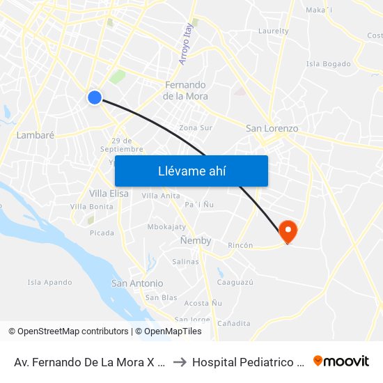 Av. Fernando De La Mora X Av. Argentina to Hospital Pediatrico Acosta Ñu map