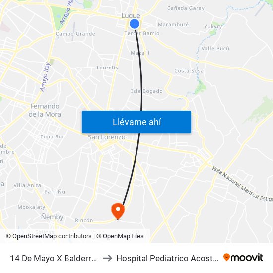 14 De Mayo X Balderrama to Hospital Pediatrico Acosta Ñu map