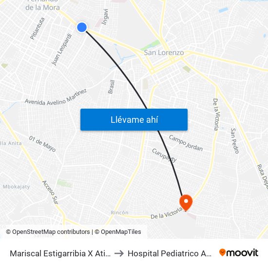 Mariscal Estigarribia X Atilio Galfre to Hospital Pediatrico Acosta Ñu map