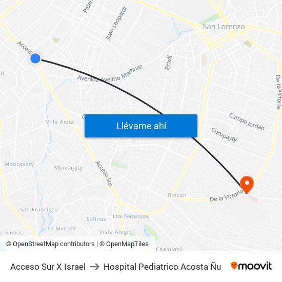 Acceso Sur X Israel to Hospital Pediatrico Acosta Ñu map