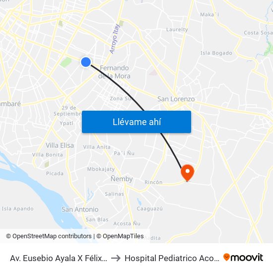 Av. Eusebio Ayala X Félix Lopéz to Hospital Pediatrico Acosta Ñu map