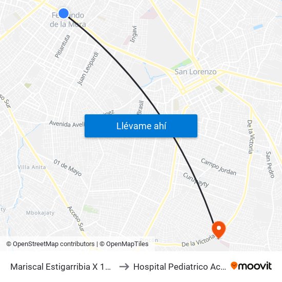 Mariscal Estigarribia X 10 De Julio to Hospital Pediatrico Acosta Ñu map