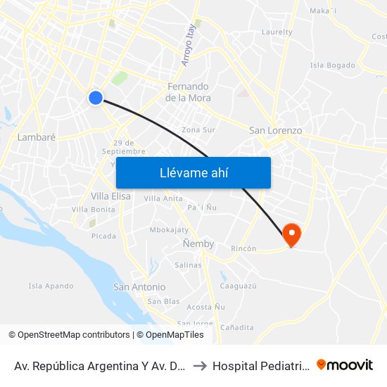 Av. República Argentina Y Av. Dr. Fernando De La Mora to Hospital Pediatrico Acosta Ñu map