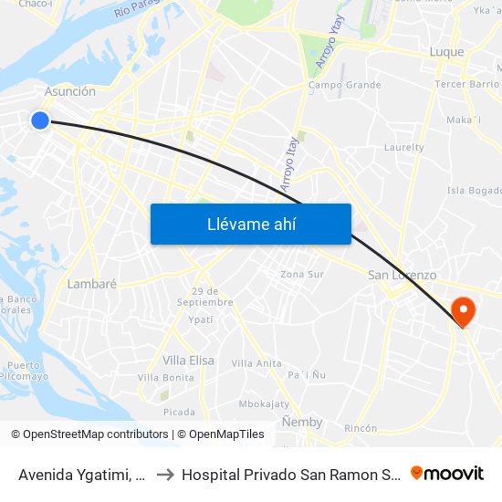 Avenida Ygatimi, 880 to Hospital Privado San Ramon S. R. L. map