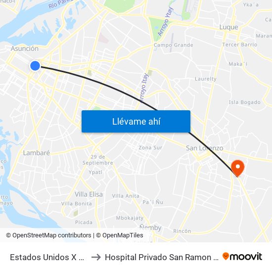 Estados Unidos X Azara to Hospital Privado San Ramon S. R. L. map