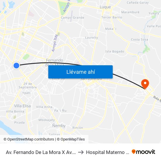 Av. Fernando De La Mora X Av. Argentina to Hospital Materno Infantil map