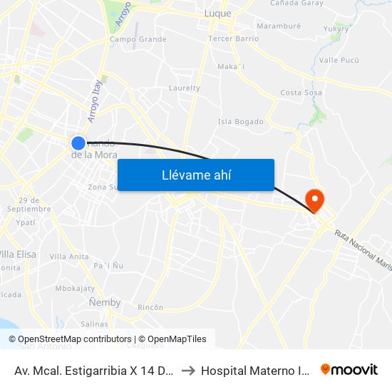 Av. Mcal. Estigarribia X 14 De Mayo to Hospital Materno Infantil map