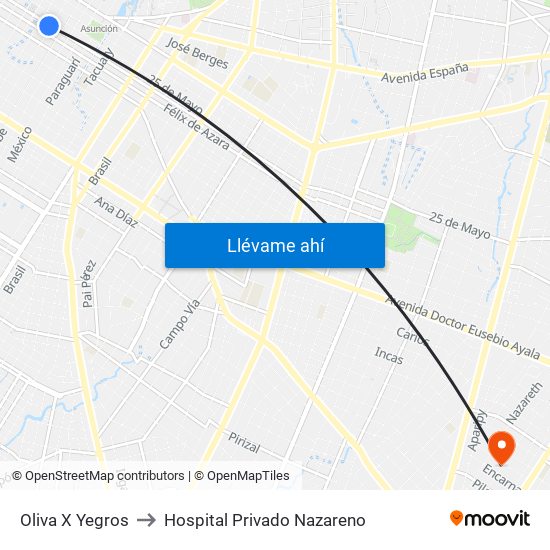 Oliva X Yegros to Hospital Privado Nazareno map