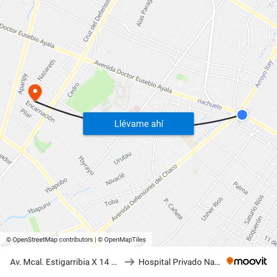 Av. Mcal. Estigarribia X 14 De Mayo to Hospital Privado Nazareno map