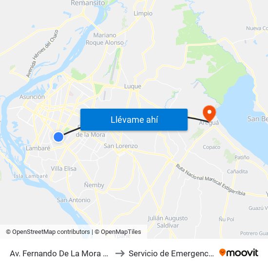 Av. Fernando De La Mora X Av. Argentina to Servicio de Emergencia Paraguaya map