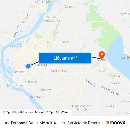 Av. Fernando De La Mora X Av. República Argentina to Servicio de Emergencia Paraguaya map