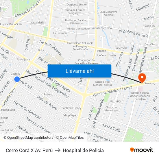 Cerro Corá X Av. Perú to Hospital de Policia map