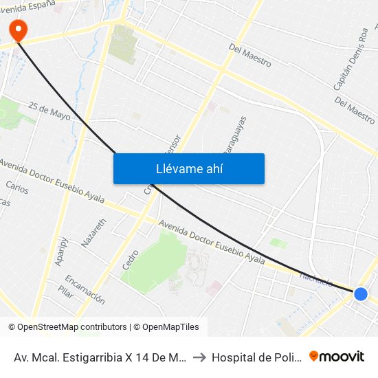 Av. Mcal. Estigarribia X 14 De Mayo to Hospital de Policia map
