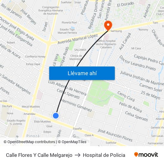 Calle Flores Y Calle Melgarejo to Hospital de Policia map