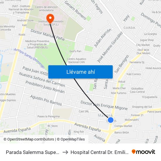 Parada Salemma Super Center to Hospital Central Dr. Emilio Cubas map